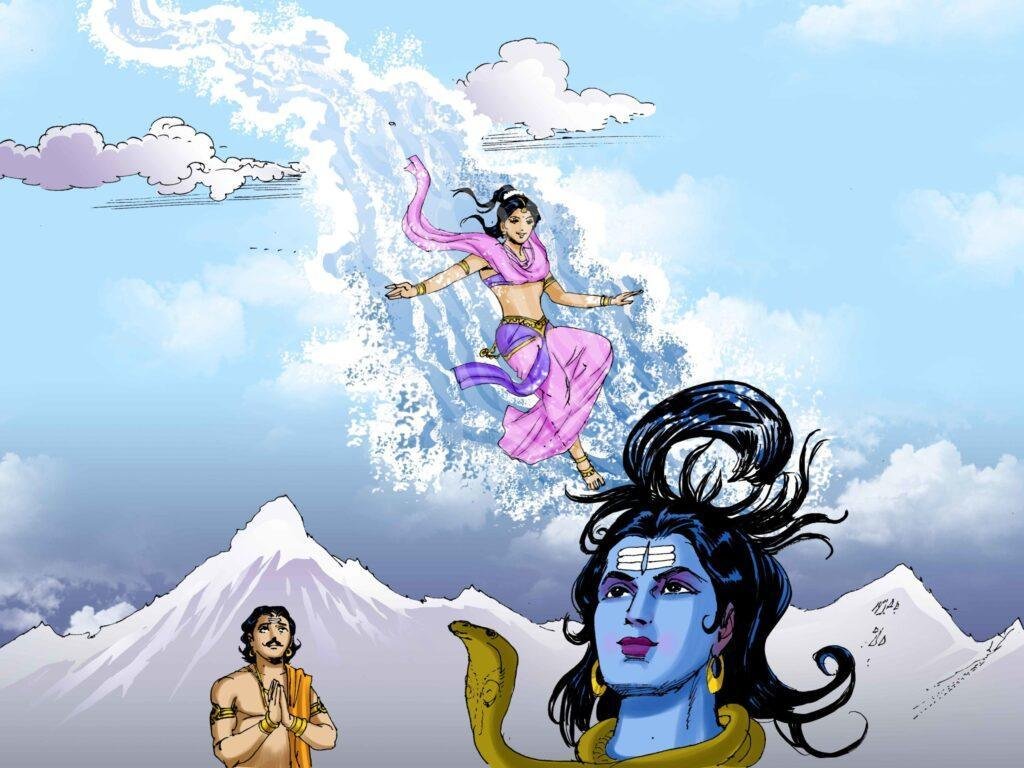 The head of Shiva received Ganga’s stream