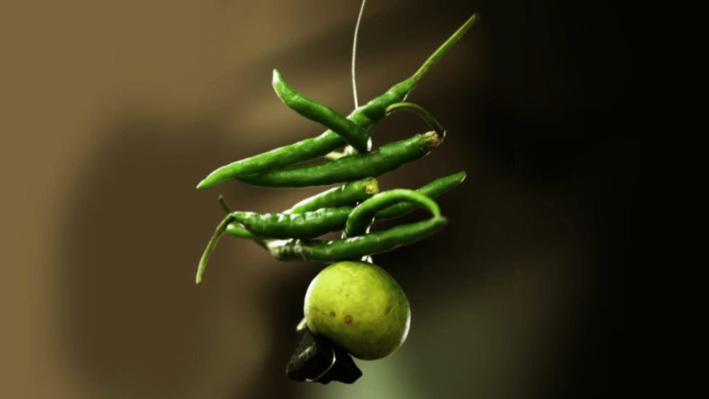Hanging lemon and seven green chillies outside home or business