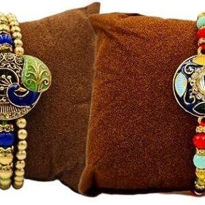 Handmade Designer Rakhi Combo (Set of 2) - Complete Festive Set with Shravan/Ram Rakhi, Kumkum Plate & Akshat - Celebrate Raksha Bandhan with Tradition & Elegance