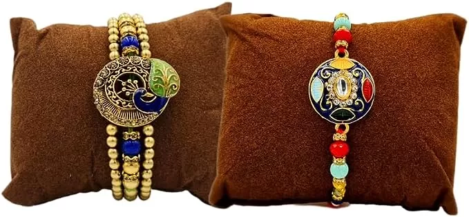 Handmade Designer Rakhi Combo (Set of 2) - Complete Festive Set with Shravan/Ram Rakhi, Kumkum Plate & Akshat - Celebrate Raksha Bandhan with Tradition & Elegance