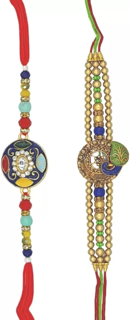 Handmade Designer Rakhi Combo (Set of 2) - Complete Festive Set with Shravan/Ram Rakhi, Kumkum Plate & Akshat - Celebrate Raksha Bandhan with Tradition & Elegance