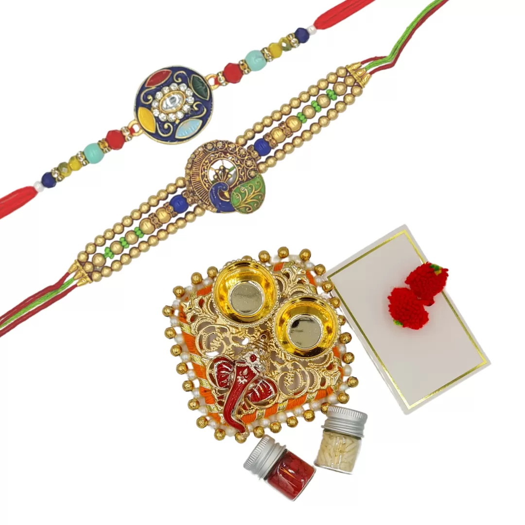Handmade Designer Rakhi Combo (Set of 2) - Complete Festive Set with Shravan/Ram Rakhi, Kumkum Plate & Akshat - Celebrate Raksha Bandhan with Tradition & Elegance