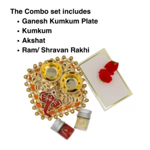 Handmade Designer Rakhi Combo (Set of 2) - Complete Festive Set with Shravan/Ram Rakhi, Kumkum Plate & Akshat - Celebrate Raksha Bandhan with Tradition & Elegance