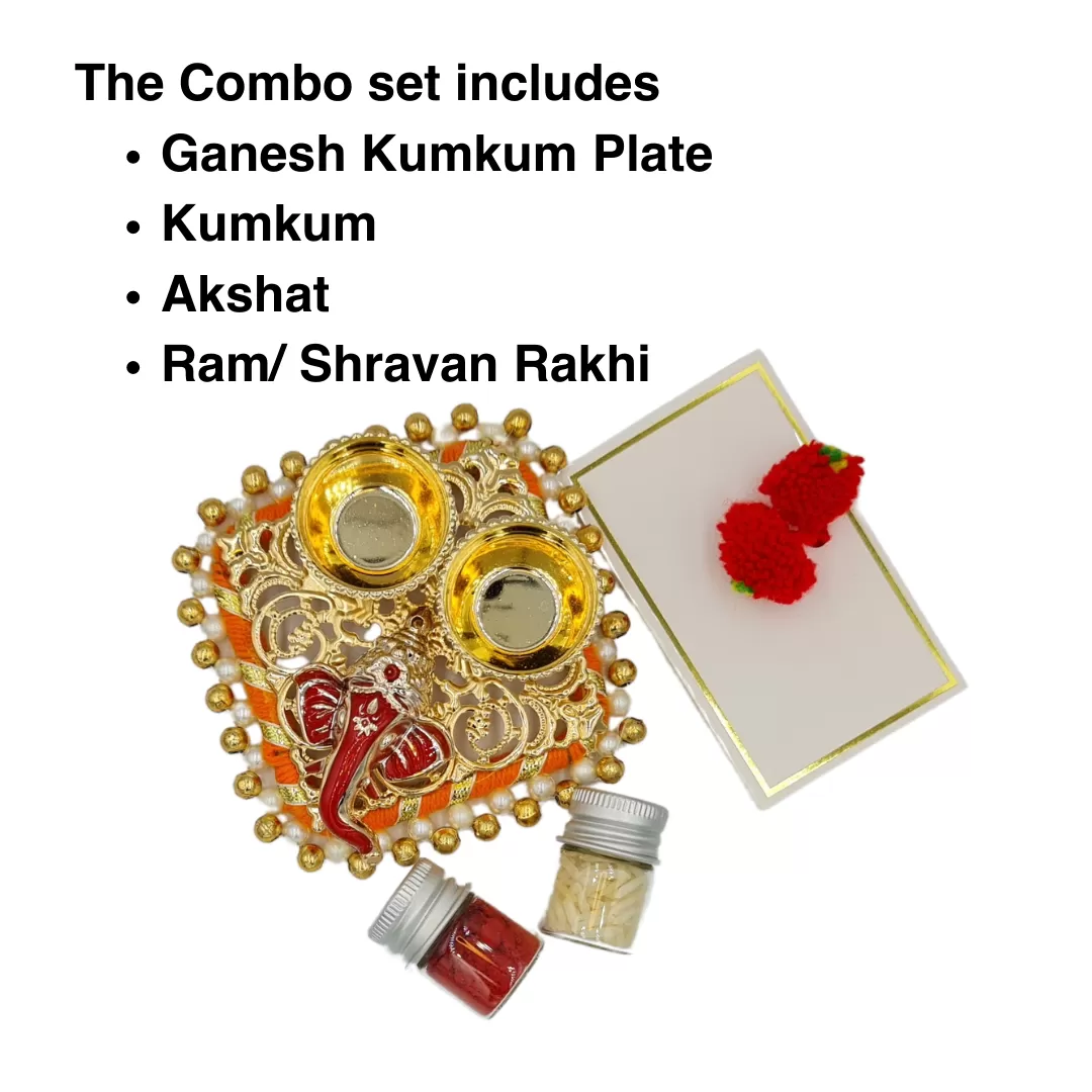 Handmade Designer Rakhi Combo (Set of 2) - Complete Festive Set with Shravan/Ram Rakhi, Kumkum Plate & Akshat - Celebrate Raksha Bandhan with Tradition & Elegance
