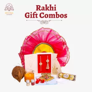 Rakhi Combo Box: Premium Bhaiya Bhabhi Rakhi, Scented Candle, Coconut, Handkerchief, Kumkum Plate, Kumkum + Akshat, Ram/Shravan Rakhi, Pooja Thali Cover, Chocolate - All in an Elegant Gift Box